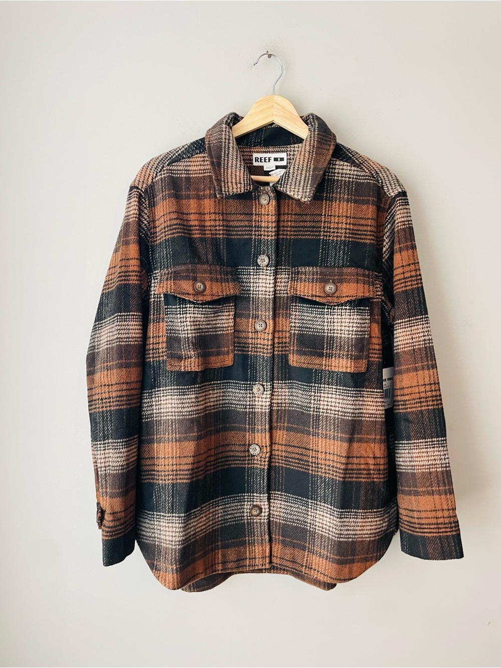 Reef Women's Chocolate Brown Plaid Button-Up Jacket Flannel Shacket